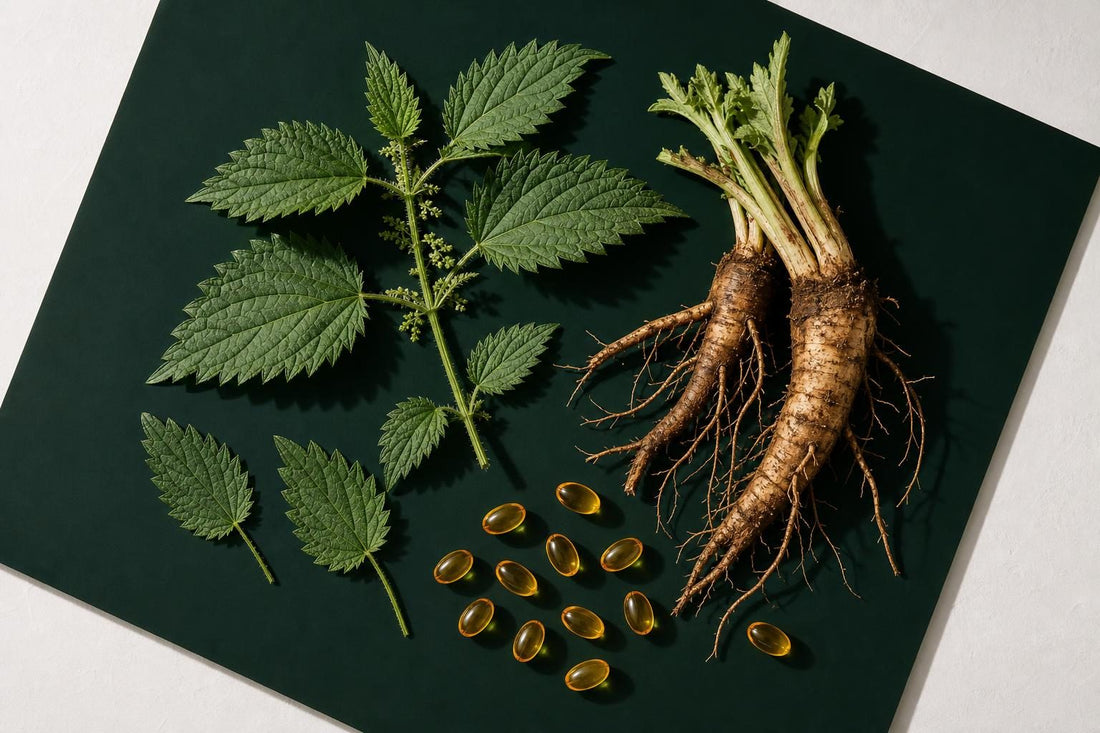 Composition de plantes drainantes nettle et bardane sur fond vert foncé avec capsules ambrées