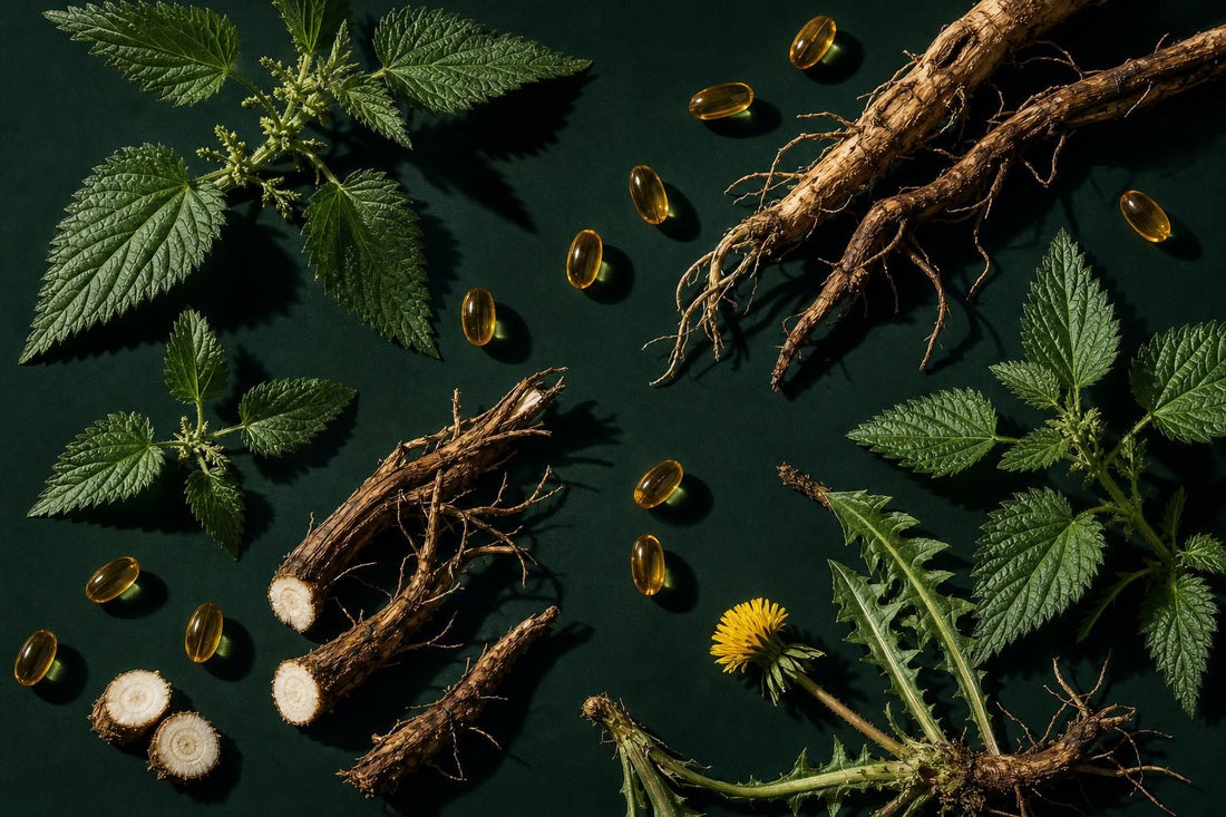 Feuilles d'ortie et racines de pissenlit disposées avec des capsules ambrées
