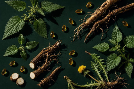 Feuilles d'ortie et racines de pissenlit disposées avec des capsules ambrées