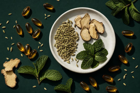 Capsules translucides ambrées et plantes digestives disposées sur surface vert foncé