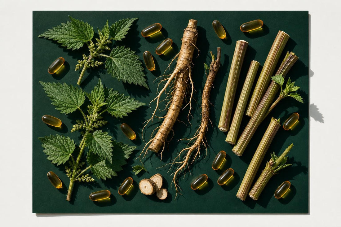 Feuilles d'ortie, racine de pissenlit et bardane disposées sur fond vert sombre avec capsules translucides