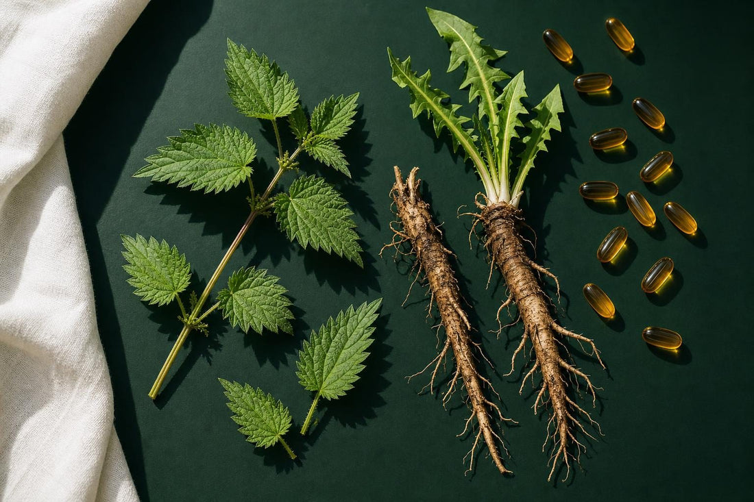 Feuilles d'ortie et racines de pissenlit disposées sur fond vert botanique